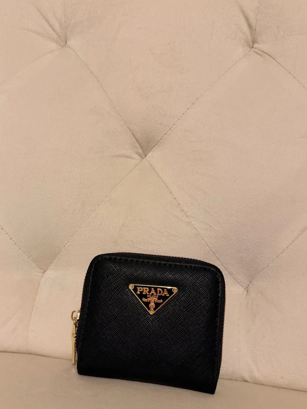 Black Saffiano Leather Zip Card Holder with Gold Logo